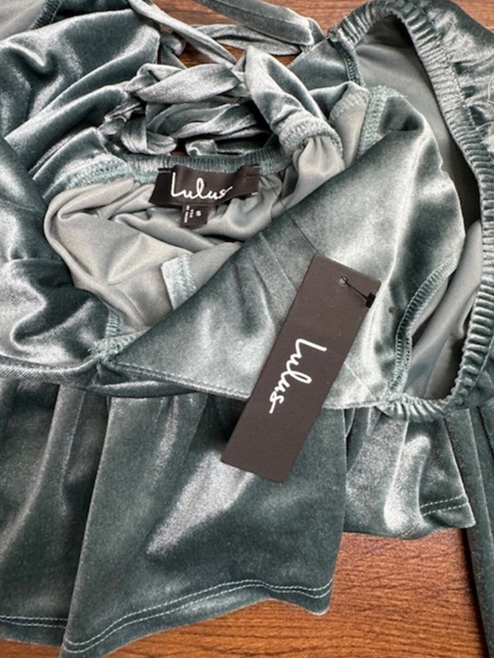 Lulus Marvelously Sweet Sage Blue Velvet Long Sleeve Peplum Top NWT - Picture 5 of 7